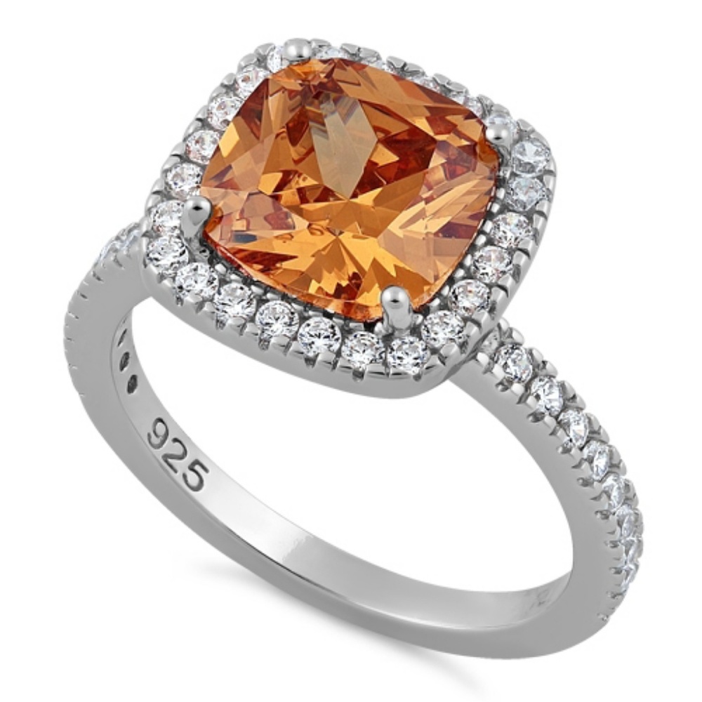 Sterling Silver Champagne CZ Halo Ring Sz 7